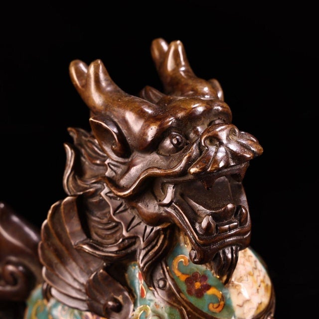 Metal Pair of Gilt Cloisonne Enamel Qilin Figures – 7.9" Mythical Beast Statues For Sale - Image 7 of 10