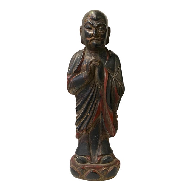 Chinese Distressed Black Brown Lacquer Wood Standing Monk Lohon Figure For Sale