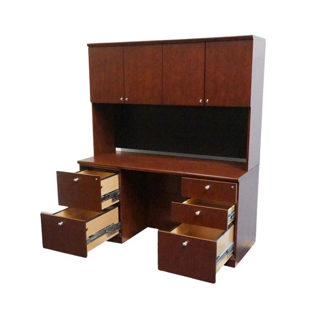 Bernhardt Furniture Cherry Contemporary Modern 60" Computer Credenza Desk W. Filing Cabinets and Cabinet Top For Sale - Image 9 of 16