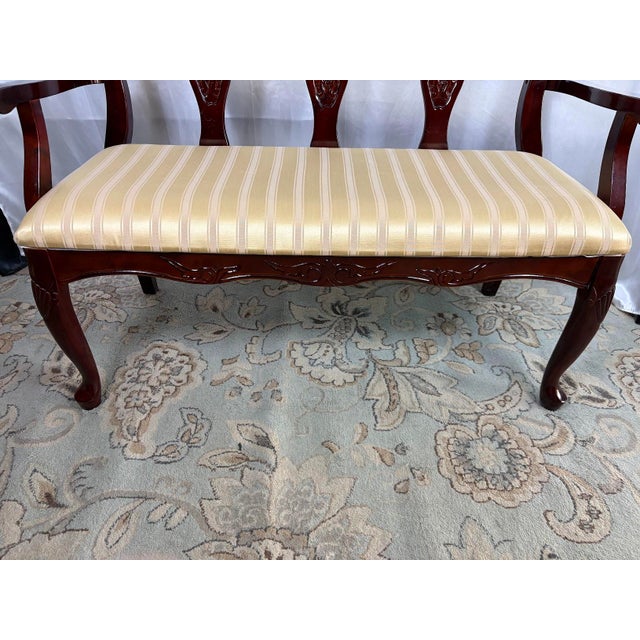 Queen Anne Vintage Queen Anne Style Triple-Back Walnut Settee With Stripe Satin Cushion For Sale - Image 3 of 12