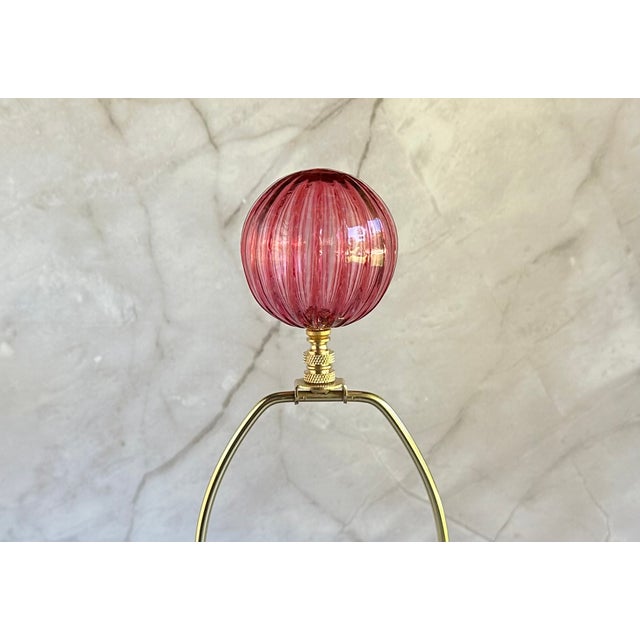 Ribbed Optic Glass Lamp Finial in Cranberry Pink on Bronze Hardware For Sale - Image 4 of 7