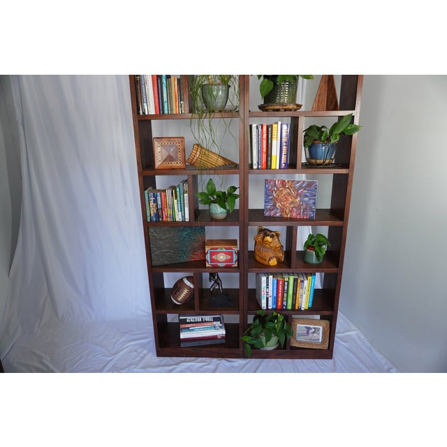 Handcrafted Solid Wood Bookcase Set | Custom Library Wall | Hickory Stain Bookshelf, 2 Pieces For Sale - Image 15 of 17