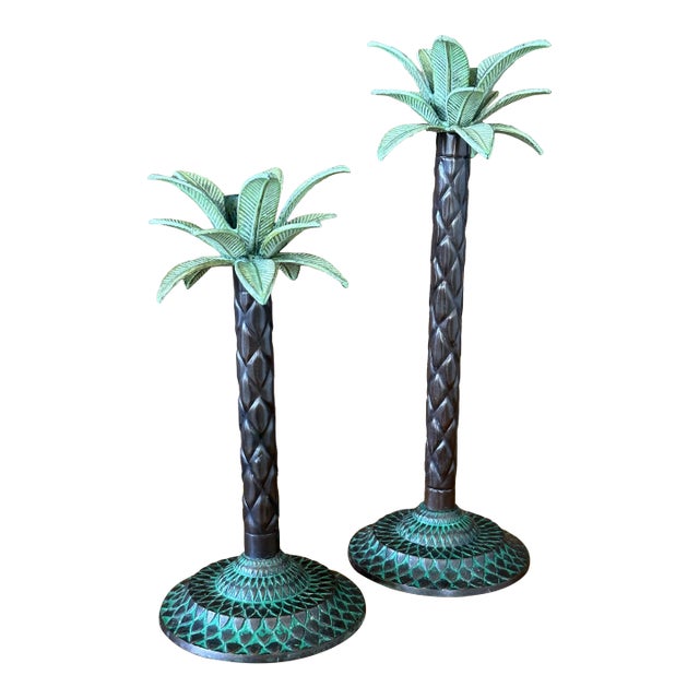 Coastal Metal Patinated Palm Tree Candle Holders-Pair For Sale
