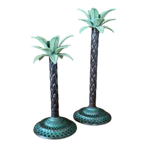 Coastal Metal Patinated Palm Tree Candle Holders-Pair