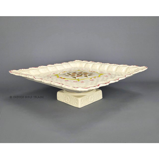 Shabby Chic Vintage Italian Porcelain Cake Pastry Display Pedestal Stand Seashell Scalloped Edge and Hand-Painted Strawberries Made in Italy For Sale - Image 3 of 12