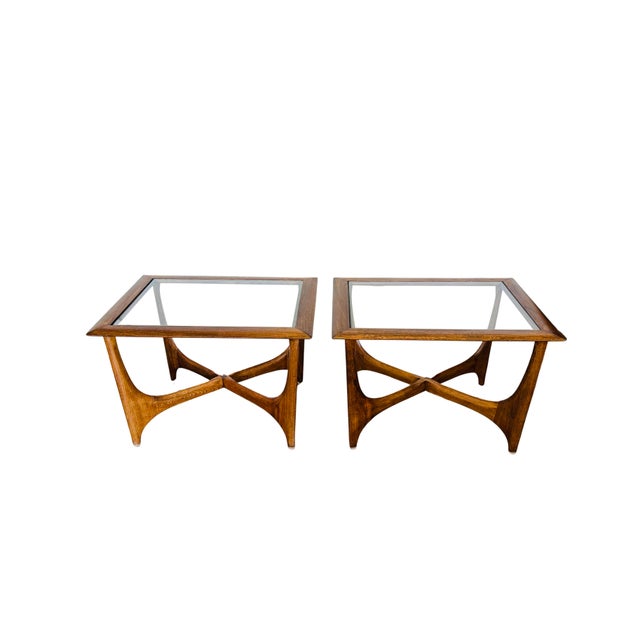 Mid-Century Modern Vintage Lane Silhouette Mid-Century Modern Walnut Side Tables, Pair – Sculptural X-Stretcher Base With Inset Glass Tops For Sale - Image 3 of 12