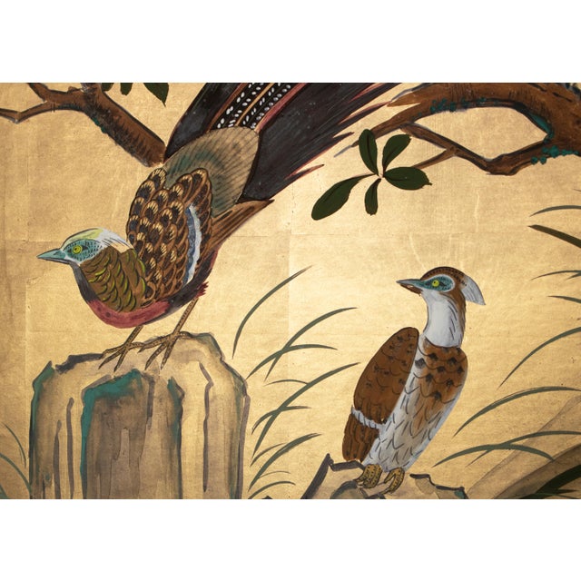 "Small Flowers and Golden Pheasant" by Kokei, Heisei Era Japanese Gold Leaf Style Painted Byobu Screen For Sale - Image 11 of 18