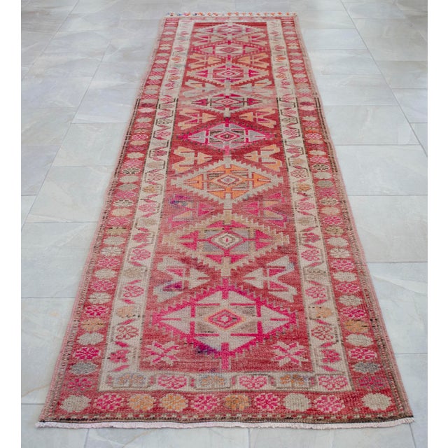 1970s Runner Kurdish Hand-Knotted Rug Pink Hallway Decor Kitchen Floor Accent 3x11 Ft Approx For Sale - Image 18 of 18