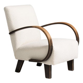 20th Century Czech Republic Warm Ivory Boucle Bentwood-Arm Lounge Chair For Sale