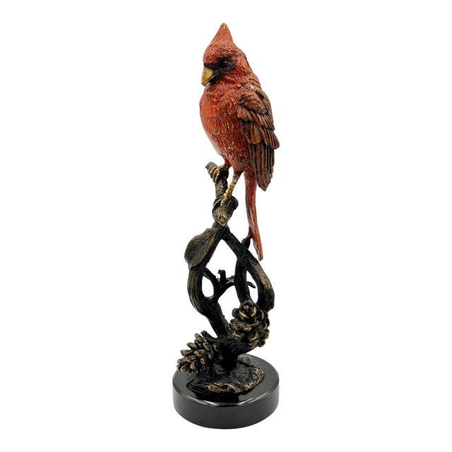 Brass Scarlet Solstice Red Cardinal Perched With Pinecones Figurine Sculpture For Sale