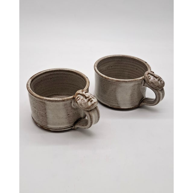 1990s Studio Pottery Face Artisan Mugs With Wabi-Sabi Glaze Signed - a Pair For Sale - Image 10 of 12