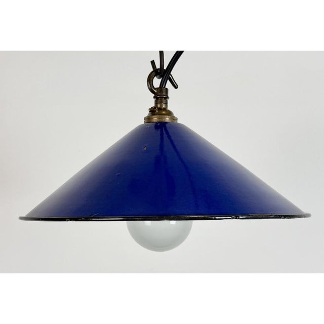 1950s Industrial Cobalt Blue Enamel Factory Pendant Lamp, 1950s For Sale - Image 5 of 16