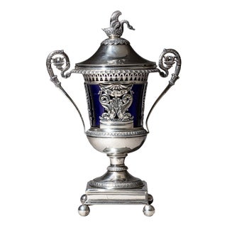 French Silver Drageoir with Cobalt Blue Glass Liner, Gilt Interior and Cahors, 1784 For Sale