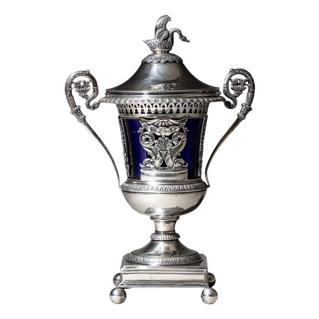 French Silver Drageoir with Cobalt Blue Glass Liner, Gilt Interior and Cahors, 1784 For Sale