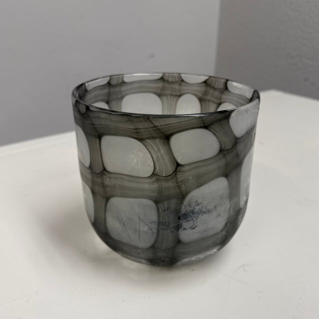 Contemporary Contemporary Smoke Gray + White Geometric Art Glass Bowl Vase For Sale - Image 3 of 12