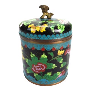 Antique Chinese Floral Cloisonne Enameled Lidded Tea Consister With Foo Dog For Sale