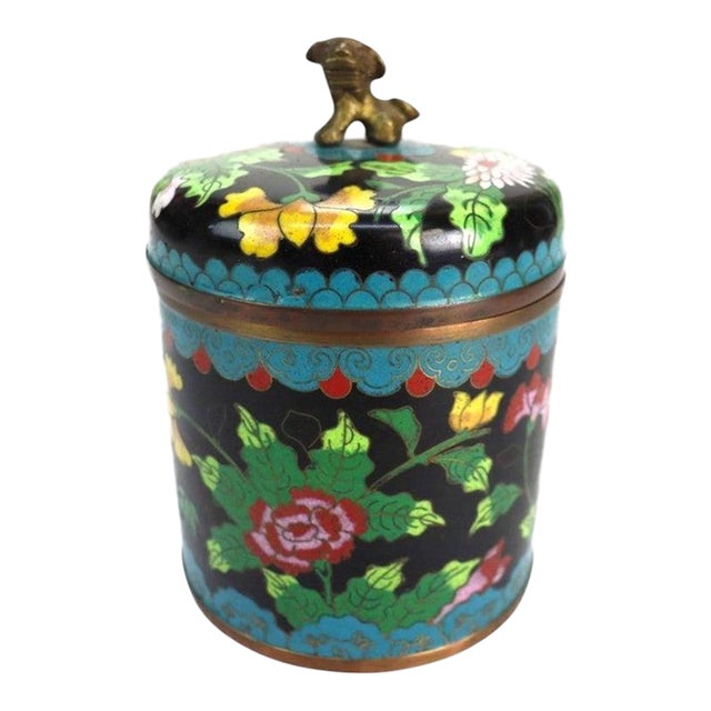 Antique Chinese Floral Cloisonne Enameled Lidded Tea Consister With Foo Dog For Sale
