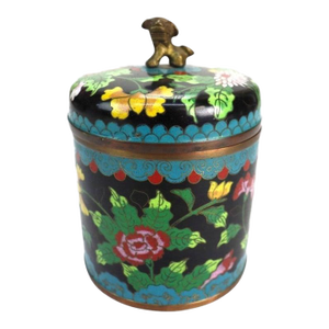 Antique Chinese Floral Cloisonne Enameled Lidded Tea Consister With Foo Dog