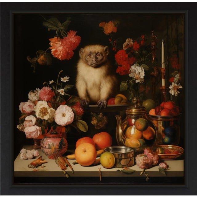 2020s Framed 32' X 32' Collector Fine Art Print 'Still Life With Fruits, Flowers and Monkey' For Sale - Image 5 of 6