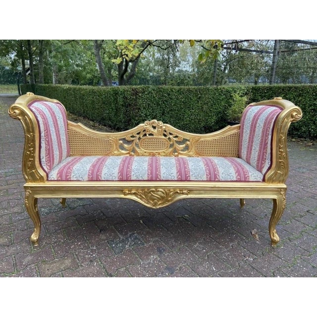 1960s French Louis XVI Gold Beech Cane Damask Settee For Sale - Image 10 of 10