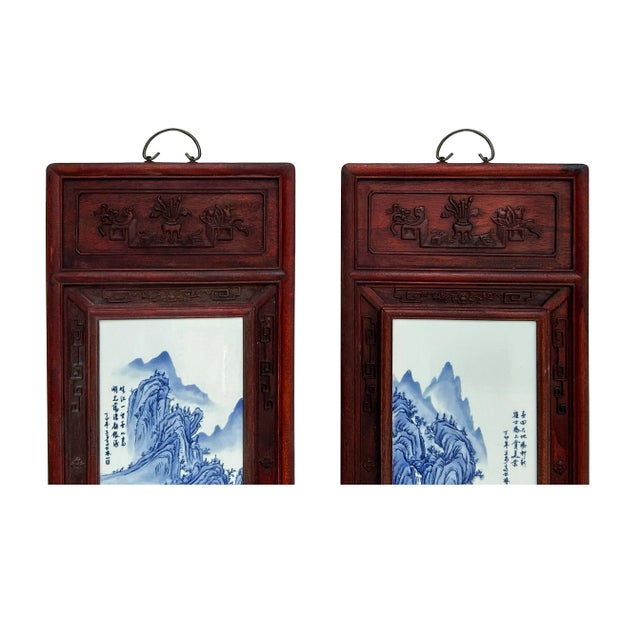 Set 4 Chinese Blue White Landscape Porcelain Painting Wall Panels For Sale - Image 4 of 8