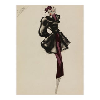 Vintage French Fashion Art Print – Black & Purple Art Deco Illustration, 12" X 16" For Sale