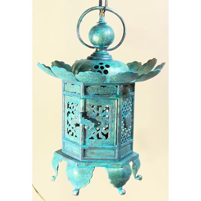 Vintage Japanese Patinated Brass Pagoda Temple Lantern / Pendent -17”x 12” For Sale - Image 14 of 17