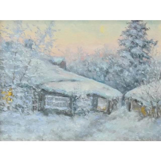 Impressionist Winter Landscape Cottage Oil Painting Including the Antiqued Gold Wood Frame For Sale - Image 4 of 8