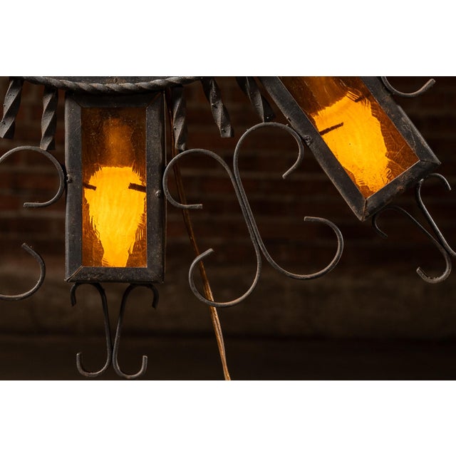 Metal Vintage Spanish Revival Wrought Iron Sunburst Mirrored Light Fixture For Sale - Image 7 of 7