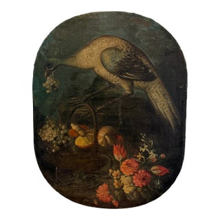 Antique European Still Life of Peacock With Fruit and Flowers, Oval Panel Painting Description: For Sale