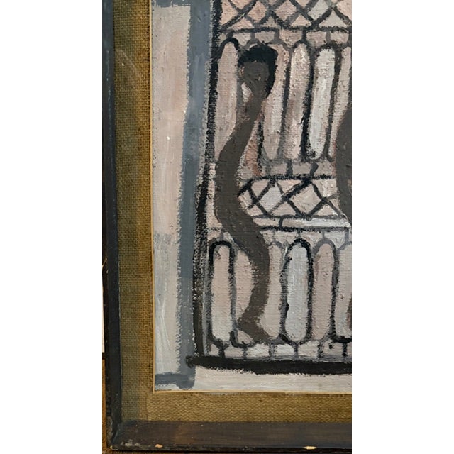 Mid 20th Century Original Mid Century Salvatore Emblema Painting on Jute - Two Figures at a Door, Signed For Sale - Image 5 of 7