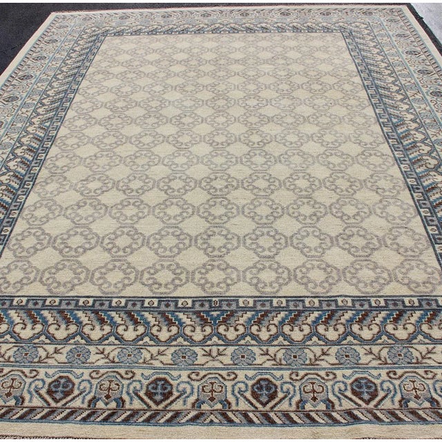 Contemporary Khotan With Geometric Design in Blue, Brown & Cream Colors 9'8 X 12'11 For Sale - Image 9 of 13