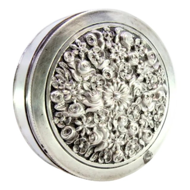 Circular Silver Box with Floral Reliefs For Sale