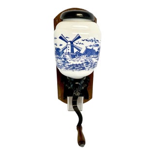 1940s Vintage Boho Chic Gustavian Delft Coffee Grinder Kitchen Accessory, Wall Mounted. For Sale