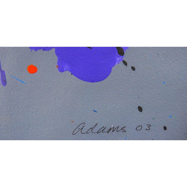 Gray, blue, red, mustard and black abstract expressionist acrylic painting on heavy paper by Jerry Adams (20th - 21st...