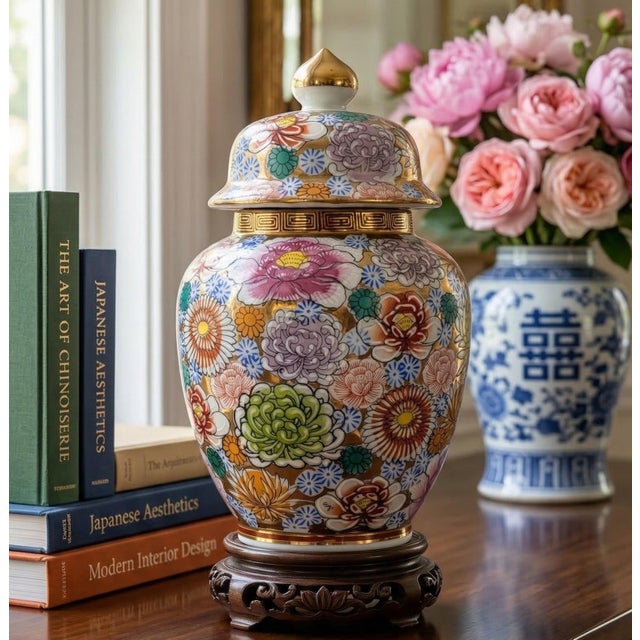 Vintage Japanese Kutani Style Porcelain Ginger Jar With Lid – Floral Enamel & Gold For Sale - Image 9 of 16