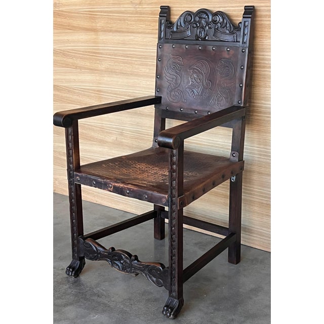 19th Spanish Carved Walnut Armchair with New Black Leather and Solomonic Columns For Sale - Image 17 of 18