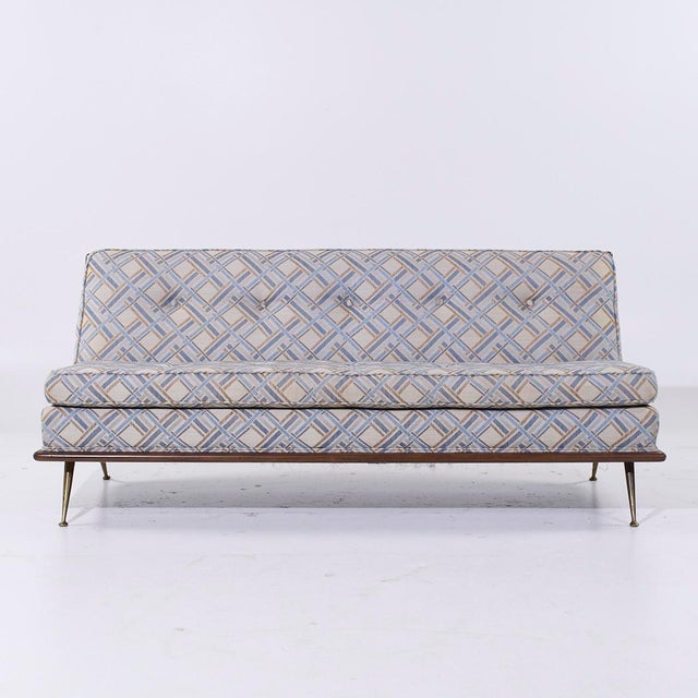 Robsjohn Gibbings for Widdicomb Model 1727 Mid Century Walnut and Brass Sofa This sofa measures: 74 wide x 33 deep x 32...