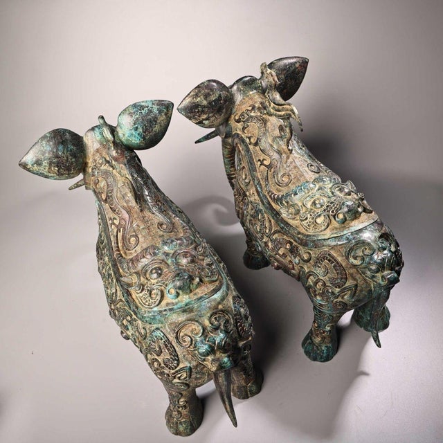 Late 20th Century Pair of Archaic Style Bronze Elephant-Form Vessels With Bird Finials For Sale In Los Angeles - Image 6 of 10
