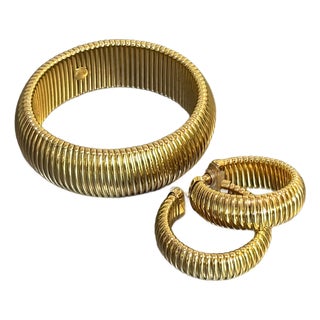 Monet Gold Band Bangle Bracelet and Hoop Earrings Set For Sale