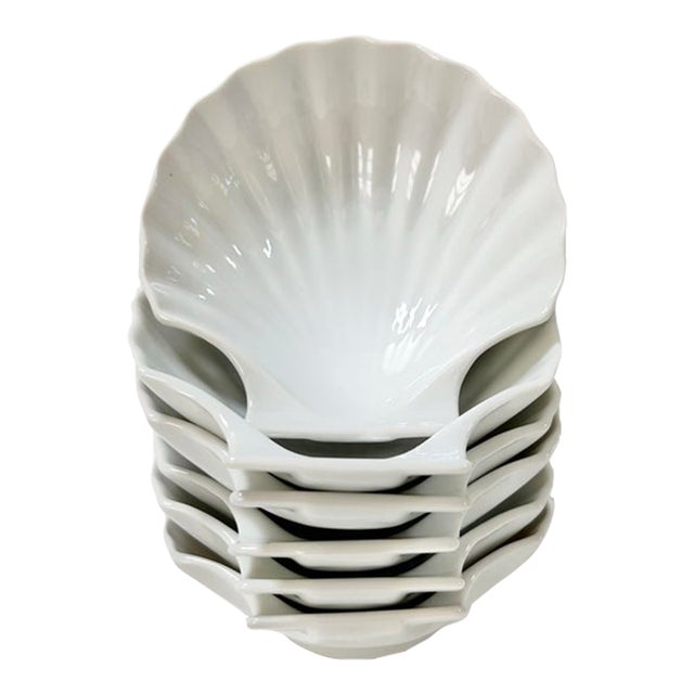 Vintage Coastal White Porcelain Scallop Shell Appetizer Dishes – Set of 6 For Sale