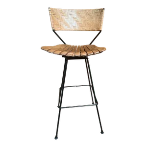 Mid-Century Modern Arthur Umanoff Attributed Swivel Bar Stool With Woven Back, Wood Slat Seat and Iron Frame
