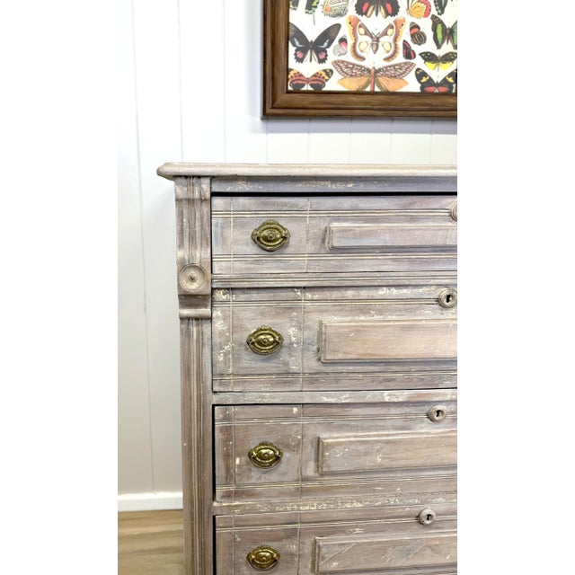 Greige Antique Oak Chest With Timeworn Gray Patina and Brass Pulls For Sale - Image 8 of 12