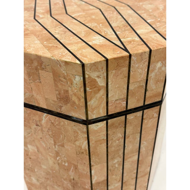 Maitland-Smith Tessellated Stone Lidded Box Side Table wiith Storage Offered for sale is a vintage Maitland Smith...