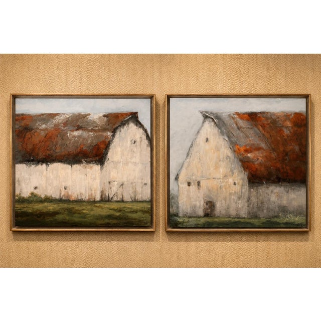A beautifully coordinated Leftbank Art diptych featuring two rustic barn landscapes in warm, muted tones of ivory, sage,...