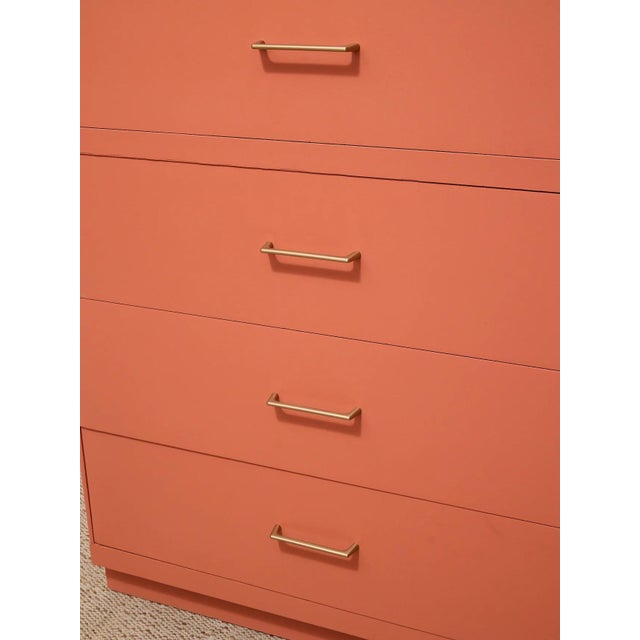 Vintage Postmodern Burnt Orange Four-Drawer Highboy Dresser With Brass Hardware For Sale - Image 12 of 12