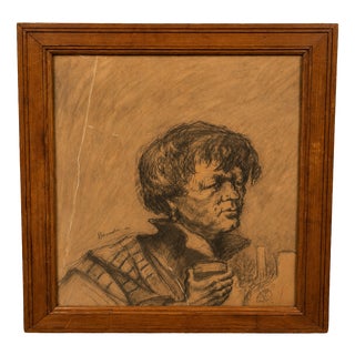 Important Charcoal Drawing on Paper Portrait of a Woman with a Glass Signed and Dated 1947, 1920s, Charcoal For Sale