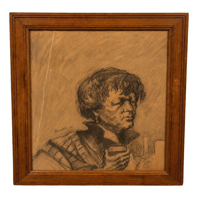 Important Charcoal Drawing on Paper Portrait of a Woman with a Glass Signed and Dated 1947, 1920s, Charcoal For Sale