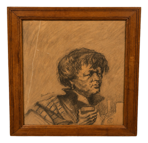 Important Charcoal Drawing on Paper Portrait of a Woman with a Glass Signed and Dated 1947, 1920s, Charcoal
