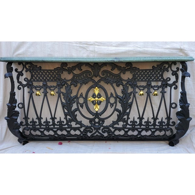 Antique 19th Century French Cast Iron Balcony Console Table with Marble Top. This large French 19th-century baroque...
